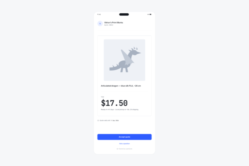 Customer-facing quote page with the job summary, the price and an Accept button